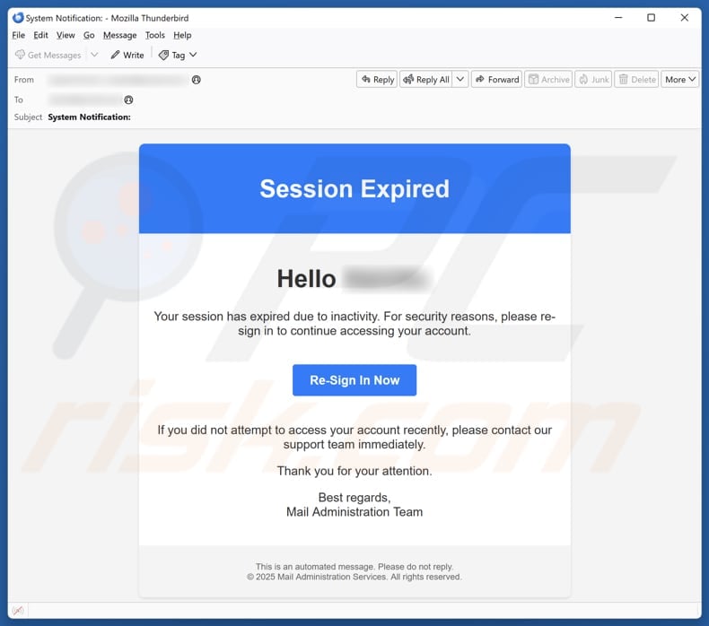 Session Expired email spam campaign