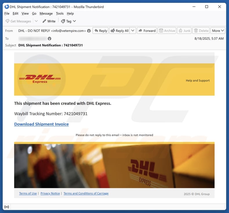 Shipment Has Been Created With DHL Express email spam campaign