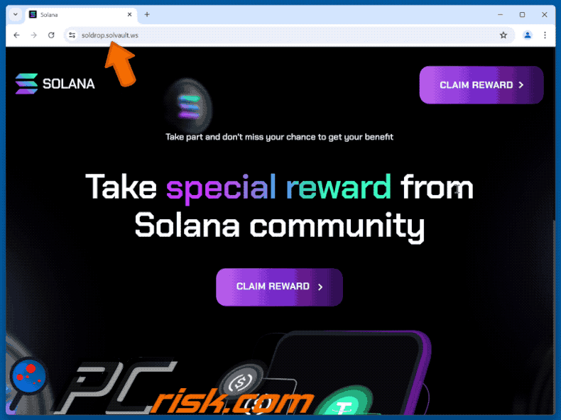 Appearance of the fake Solana (SOL) Rewards website (GIF)