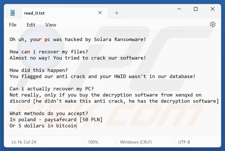 Solara ransomware text file (read_it.txt)