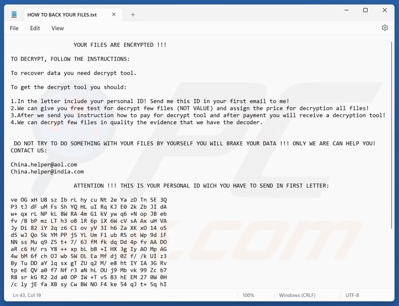 Tiger ransomware ransom note (HOW TO BACK YOUR FILES.txt)