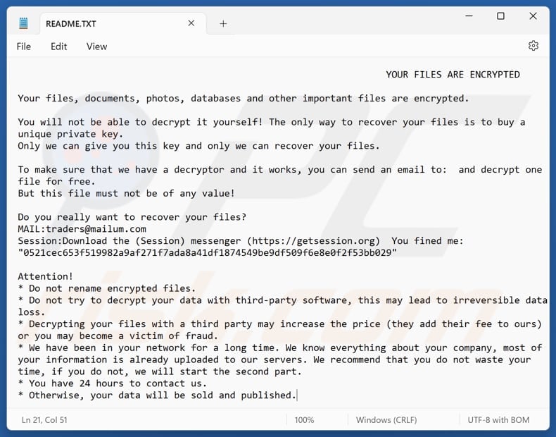 Traders ransomware text file (README.TXT)