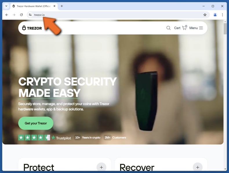 Appearance of the real Trezor website (trezor.io)
