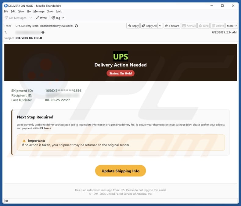 UPS - Delivery Action Needed email spam campaign