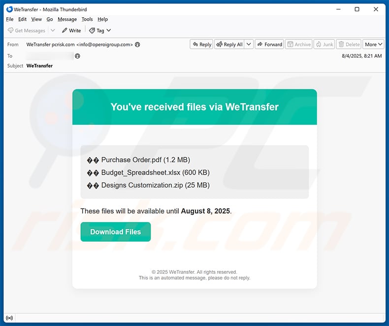 WeTransfer - You Have Received Files email scam (2025-08-06)