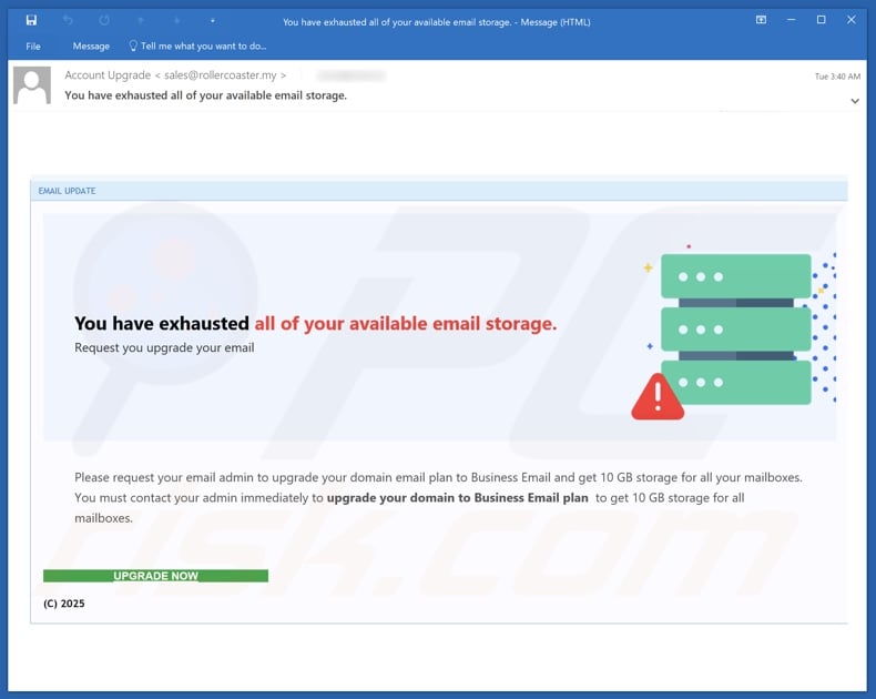 You Have Exhausted All Of Your Available Email Storage email spam campaign