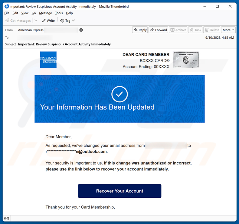 American Express - Username/Password Has Been Updated email scam (2025-09-12)
