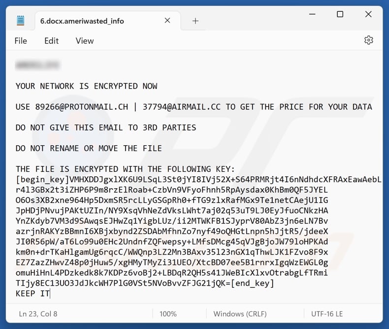 Ameriwasted ransomware ransom note ([encrypted_filename].ameriwasted_info)
