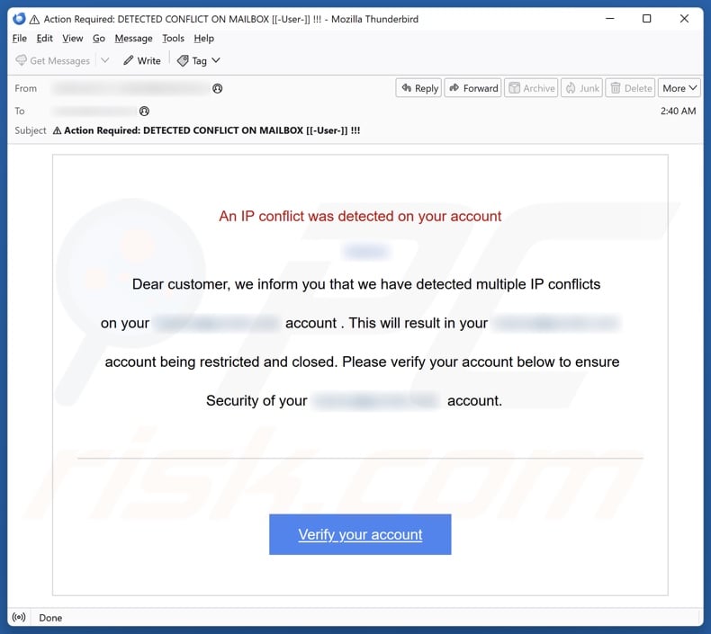 An IP Conflict Was Detected On Your Account email spam campaign