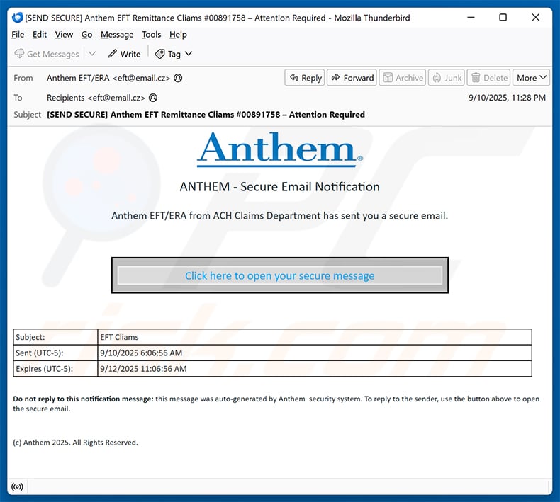 Anthem Encrypted Message email scam (2025-09-12)