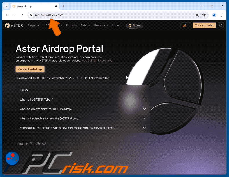 Appearance of the fake Aster Airdrop website (GIF)
