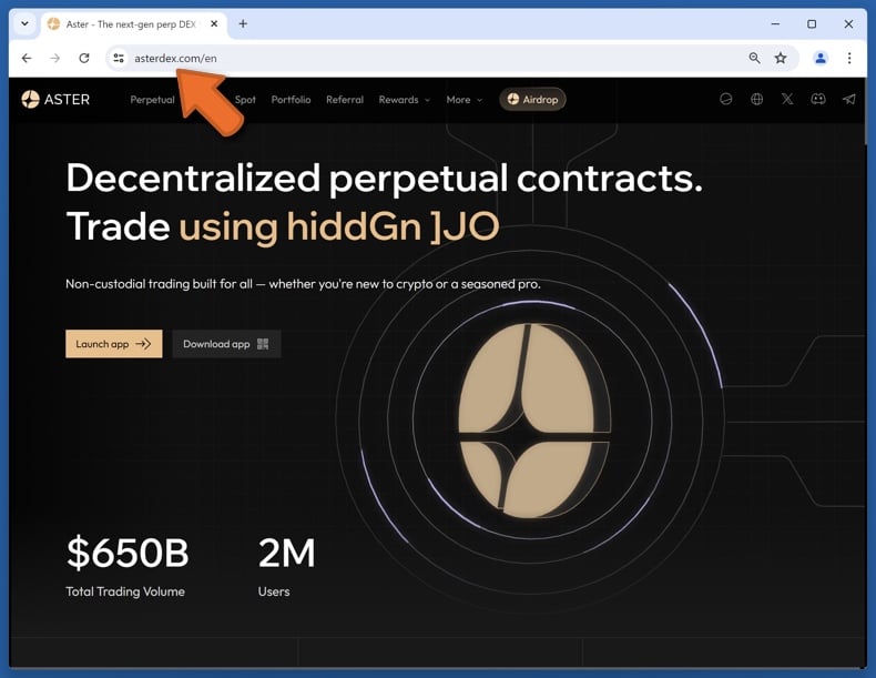 Appearance of the real Aster website (asterdex.com)