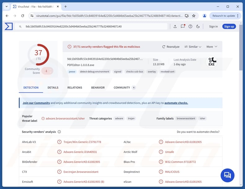 BaoLoader malware detections on VirusTotal