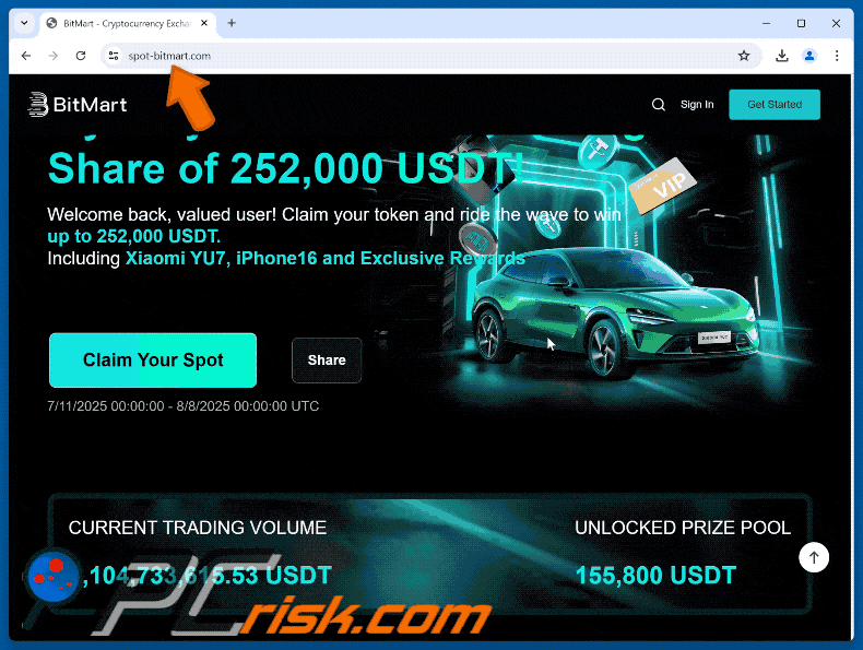 Appearance of BitMart Rewards scam