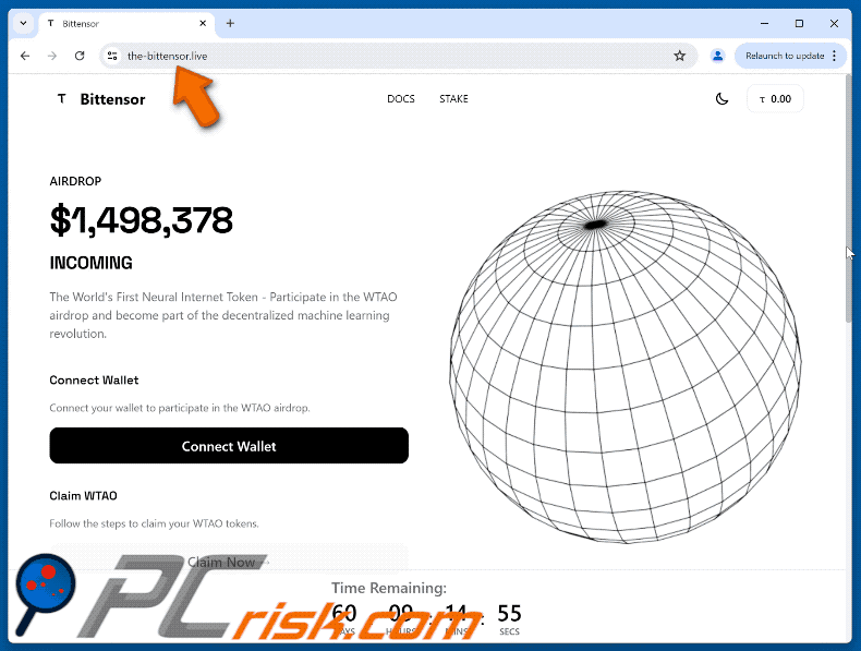 Appearance of the fake Bittensor (WTAO) Airdrop website (GIF)