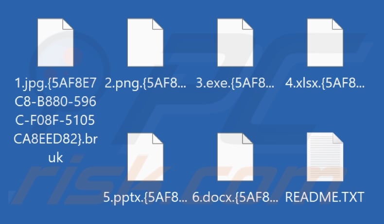 Files encrypted by Bruk ransomware (.{victim's_ID}.bruk extension)