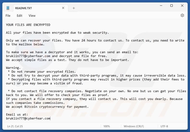 Bruk ransomware ransom note (README.TXT)