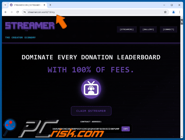Appearance of the fake Claim $STREAMER website (GIF)
