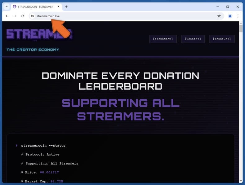 Appearance of the real StreamerCoin website (streamercoin.live)