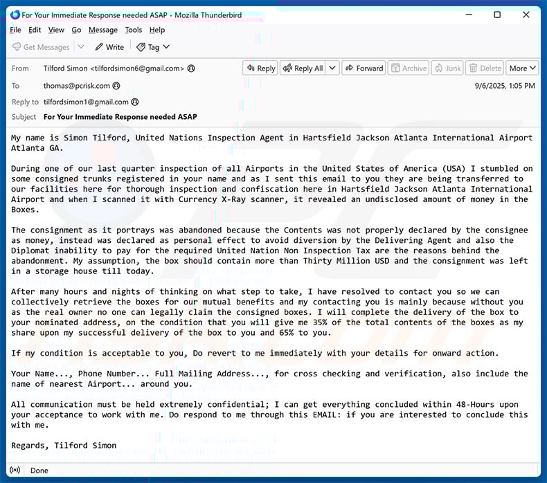 Consignment box email scam (2025-09-16)