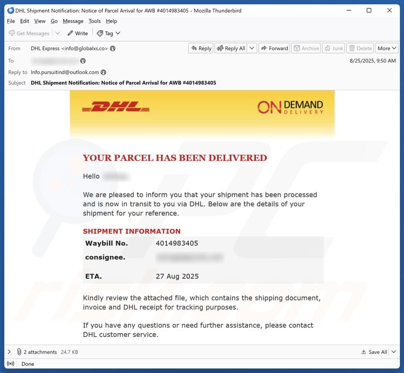 DHL - YOUR PARCEL HAS BEEN DELIVERED email spam campaign