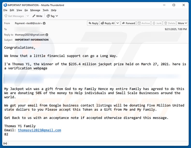 Donation From Lottery Winner email scam (2025-09-23)