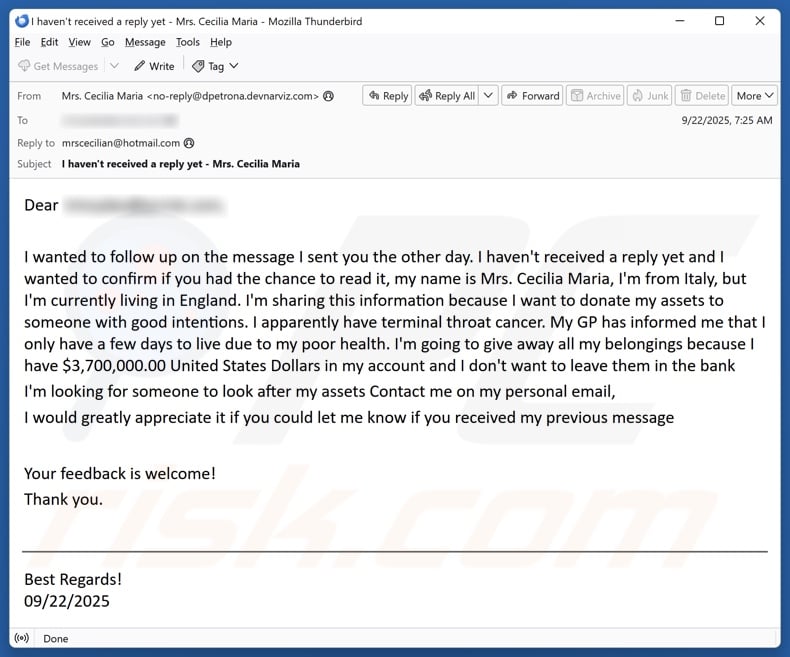 Donation To Someone With Good Intentions email spam campaign