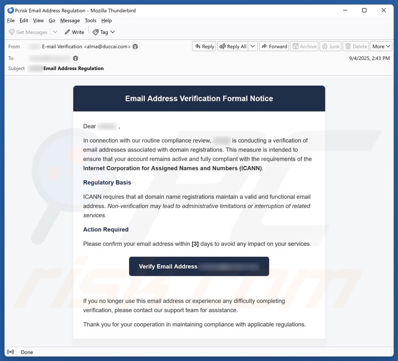Email Address Verification Formal Notice email spam campaign