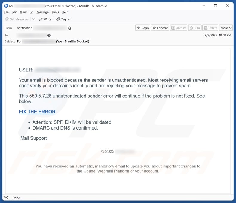 Email Is Blocked Because The Sender Is Unauthenticated email spam campaign