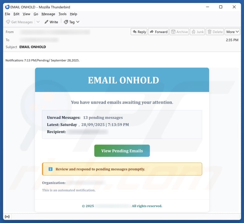 Email On Hold email spam campaign