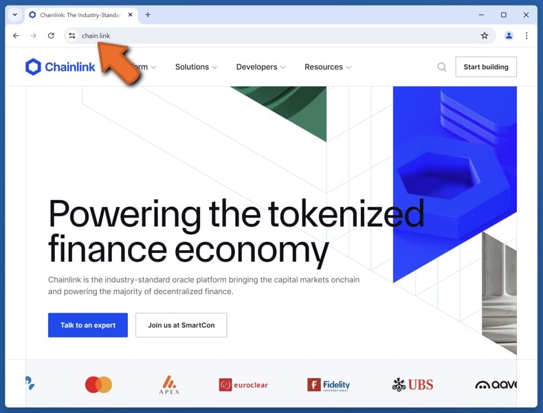 Appearance of the real Chainlink website (chain.link)
