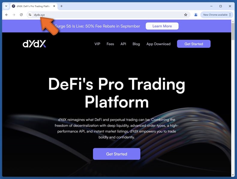 Appearance of the real dYdX website (dydx.xyz)