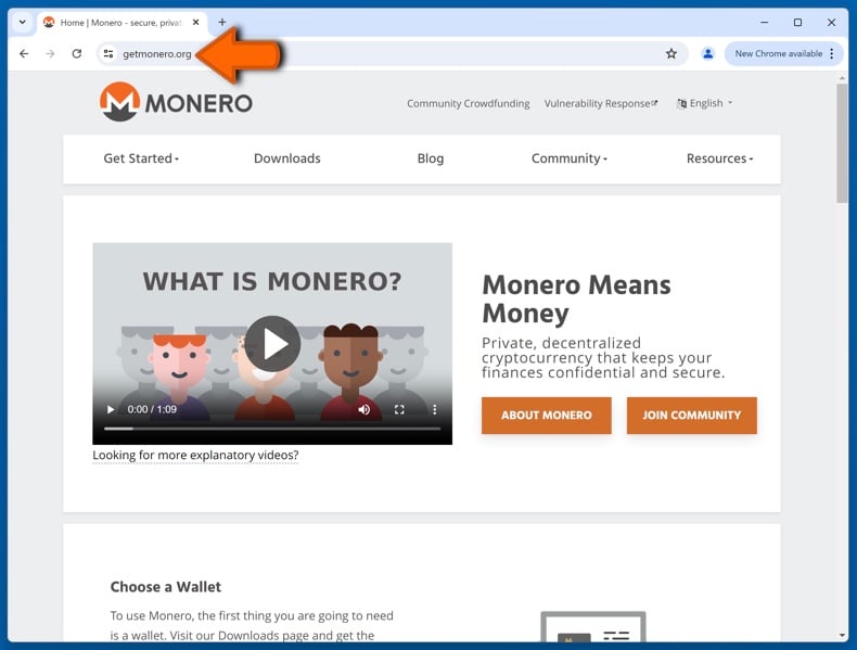 Appearance of the real Monero website (getmonero.org)