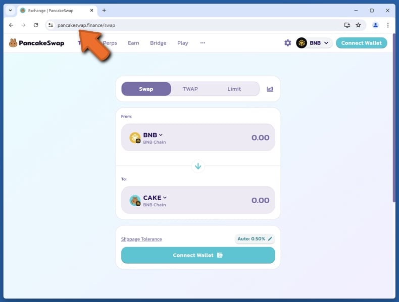 Appearance of the real PancakeSwap website (pancakeswap.finance)