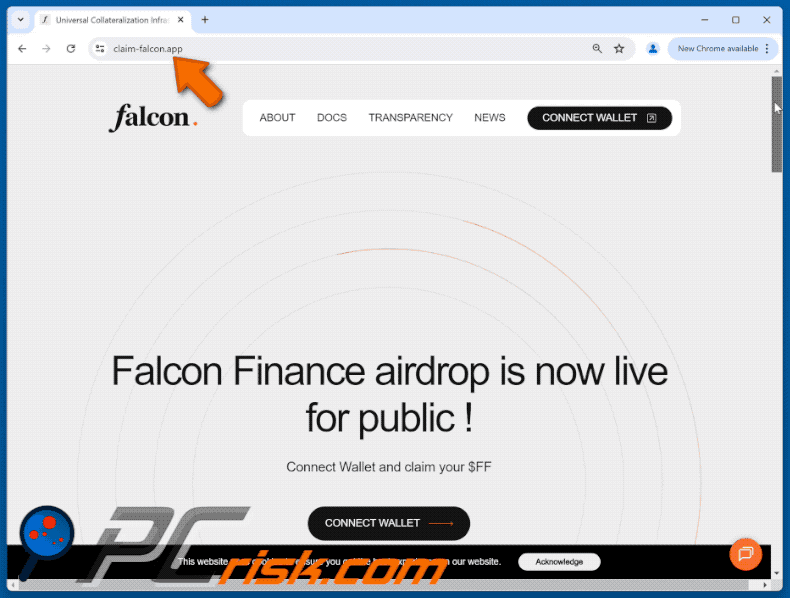 Appearance of the fake Falcon Finance Airdrop website (GIF)