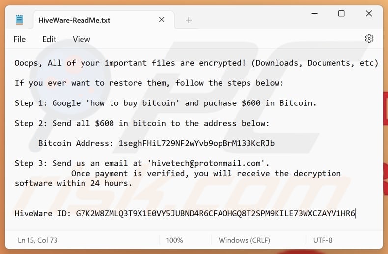 HiveWare ransomware text file (HiveWare-ReadMe.txt)