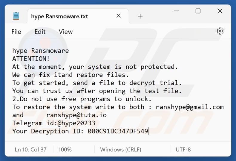 Hype ransomware text file (hype Ransmoware.txt)