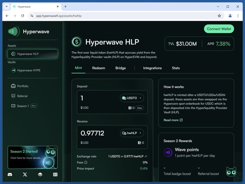 Hyperwave HLP Airdrop real website (app.hyperwavefi.xyz)