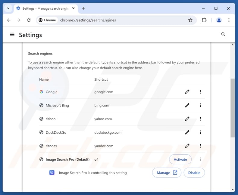 Removing imagesearcherpro.com from Google Chrome default search engine