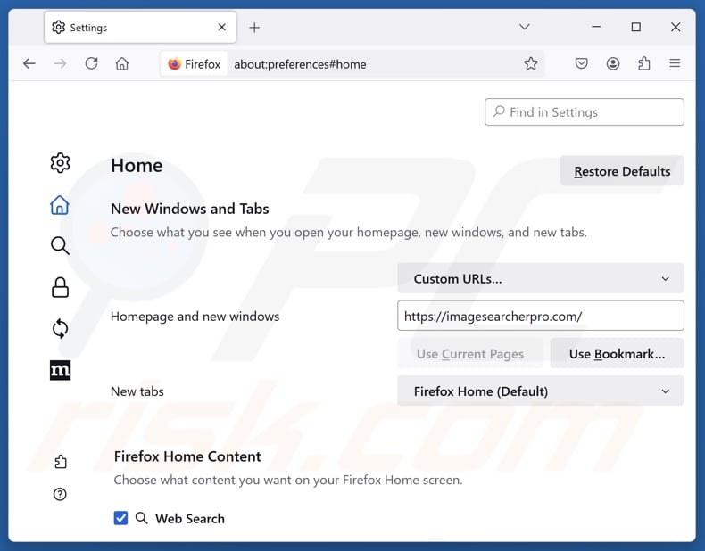 Removing imagesearcherpro.com from Mozilla Firefox homepage