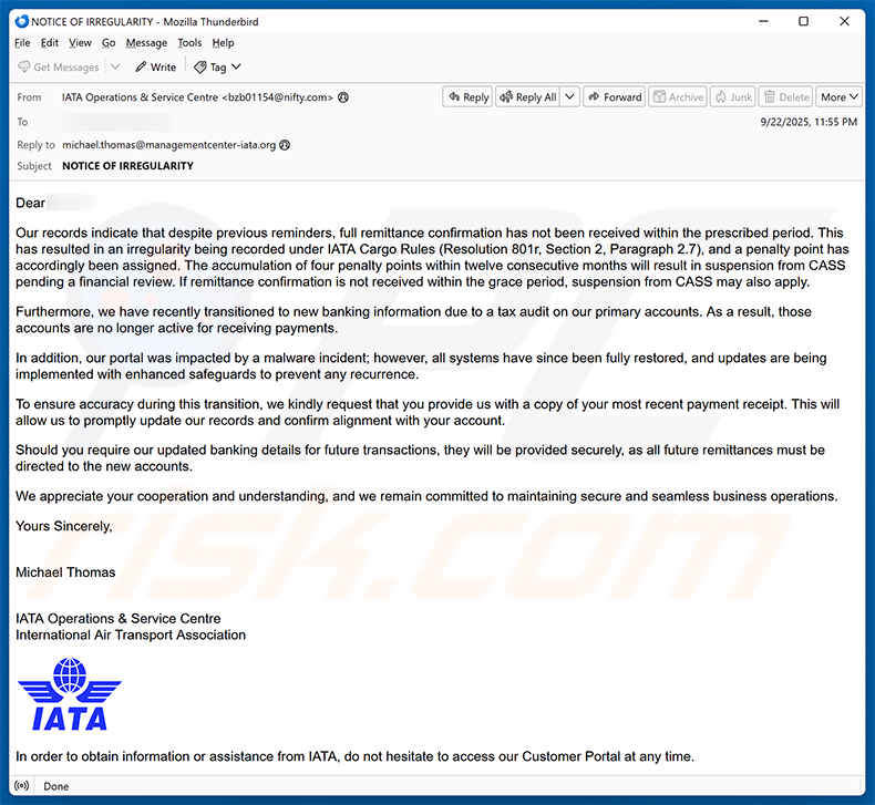 International Air Transport Association (IATA) email scam (2025-09-23)