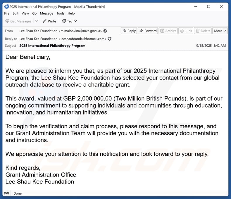 International Philanthropy Program email spam campaign