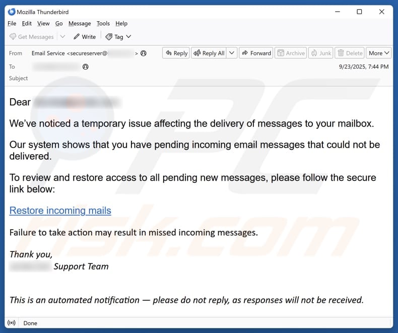 Email Account Failure Notice email spam campaign