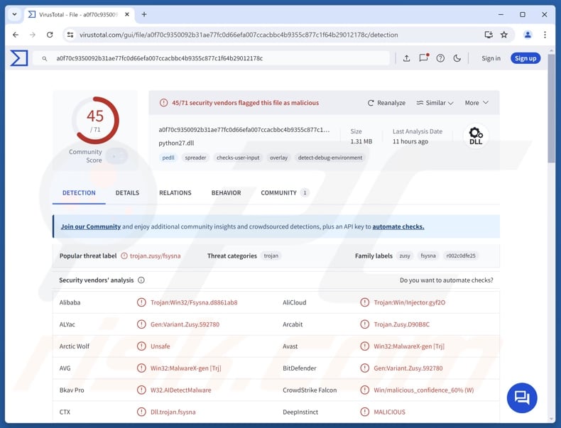 kkRAT malware detections on VirusTotal