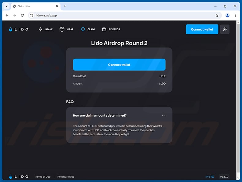 Lido Airdrop drainer website (lido-va.web[.]app)