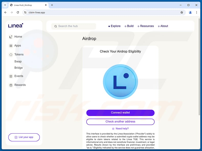 Linea Airdrop scam website (claim-linea[.]app)