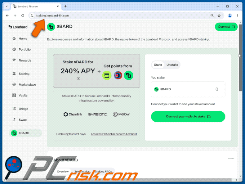 Appearance of the fake Lombard ($BARD) Staking website (GIF)