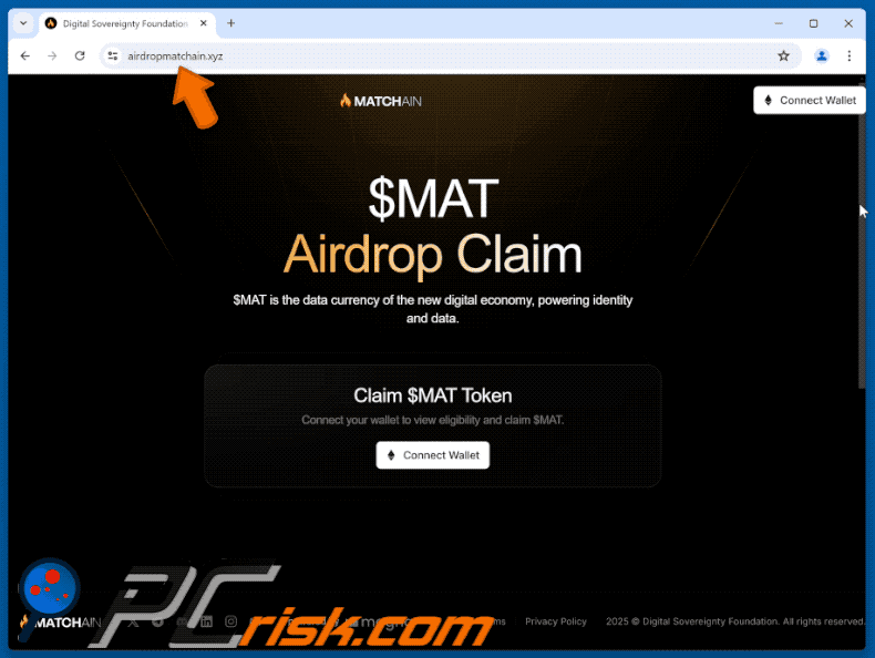 Appearance of the fake Matchain ($MAT) Airdrop website (GIF)
