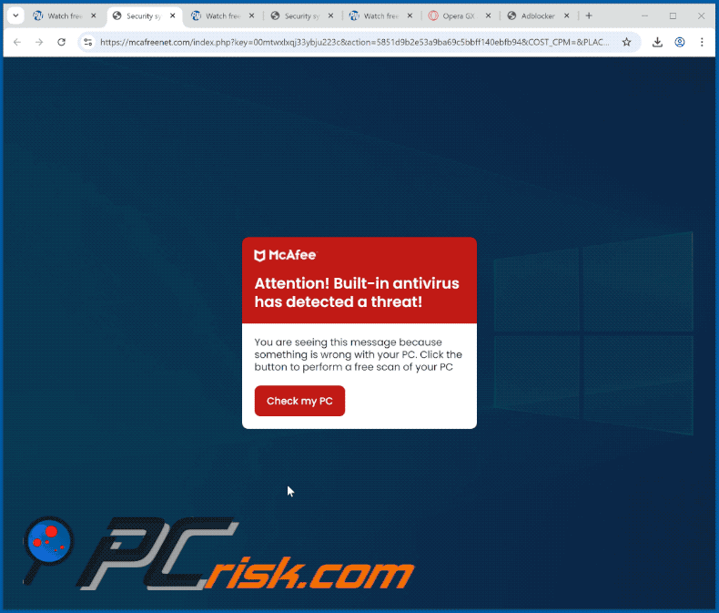 Appearance of McAfee - Built-in Antivirus Has Detected A Threat scam (GIF)
