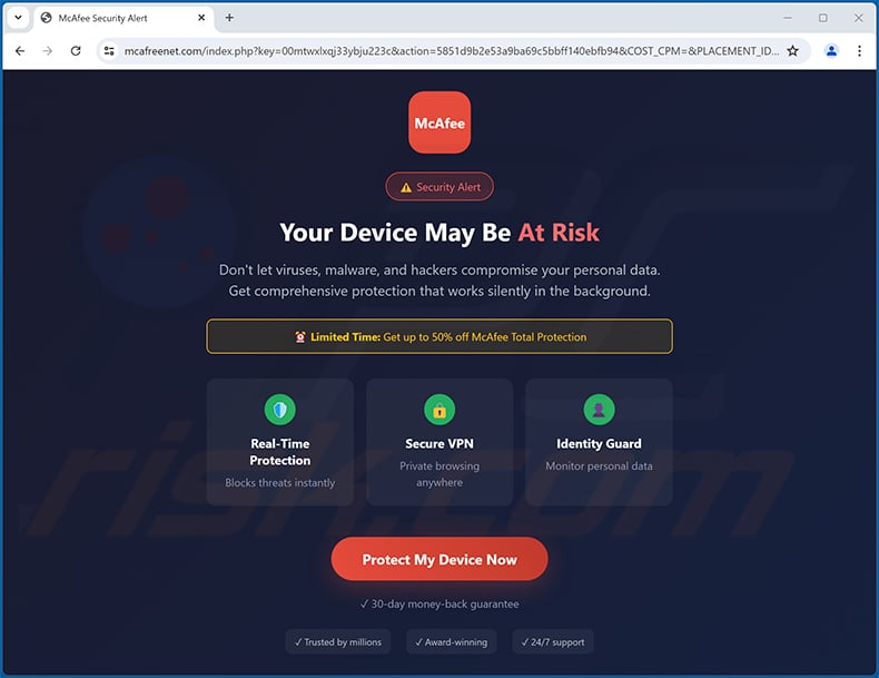 McAfee - Your Device May Be At Risk pop-up scam